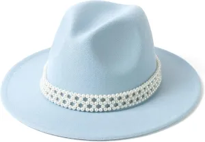 Womens Wide Brim Fedora Hat with Pearl Band Lady Panama Hat